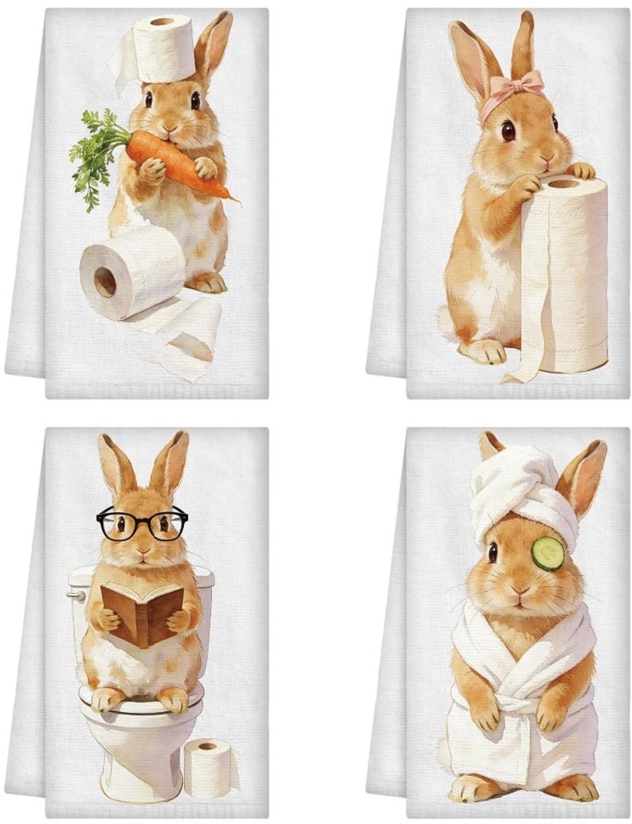 Omgoods - 4 Stuks Grappige Konijntjes Keukenhanddoeken - Decoratieve Microvezel Theedoeken