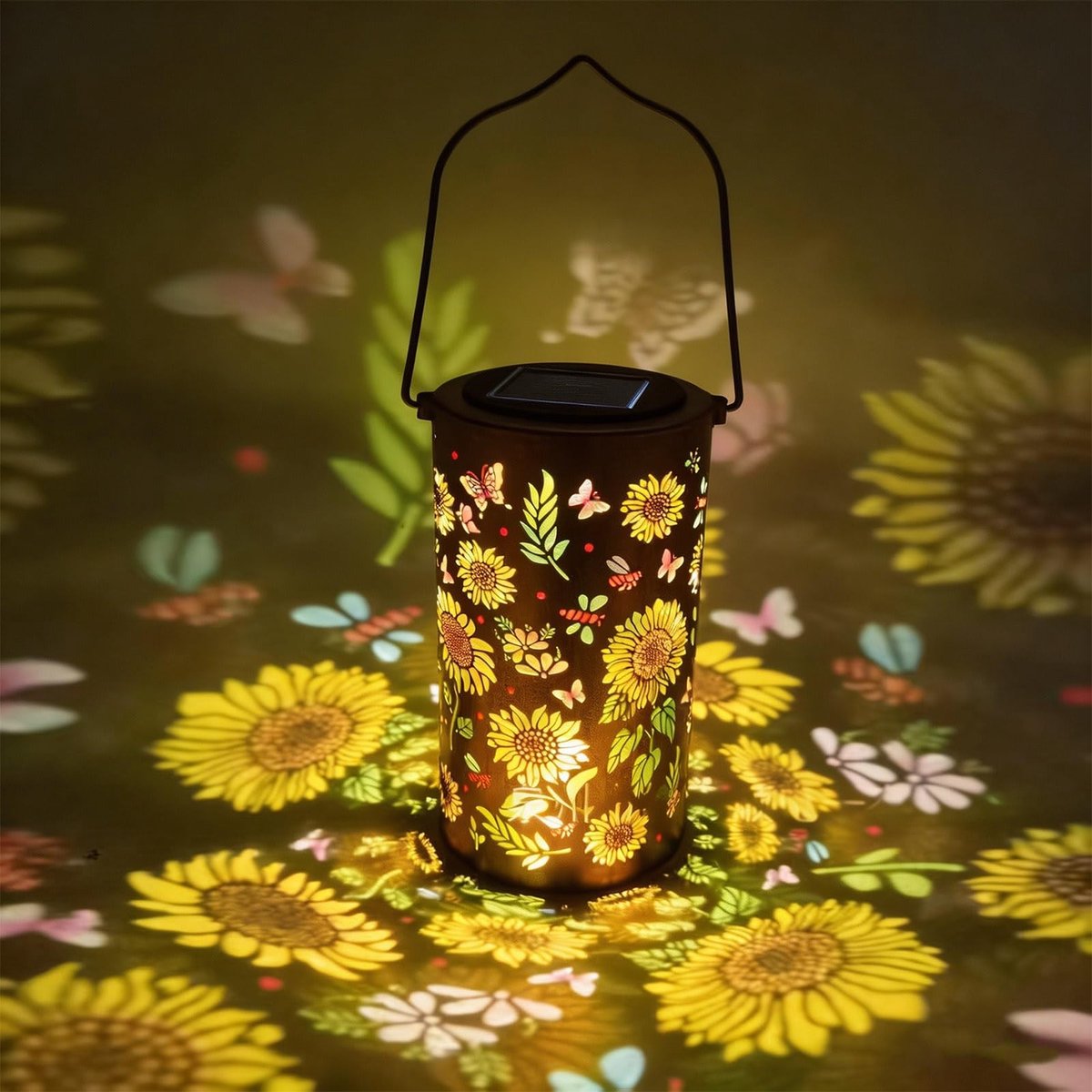 Omgoods - Lantaarn op Zonne-energie met Kleurrijke Zonnebloemen voor Tuindecoratie