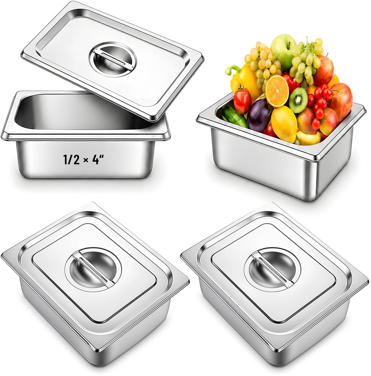 Omgoods - Set van 4 Roestvrijstalen Gastronomiecontainers met Deksel