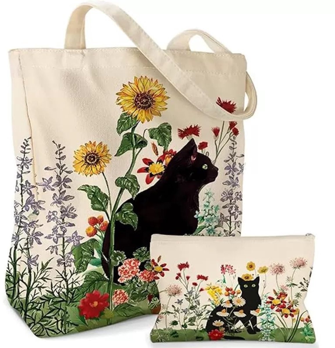 Omgoods - Herbruikbare Tote Bag met Kat Ontwerp in Wit en Zwart