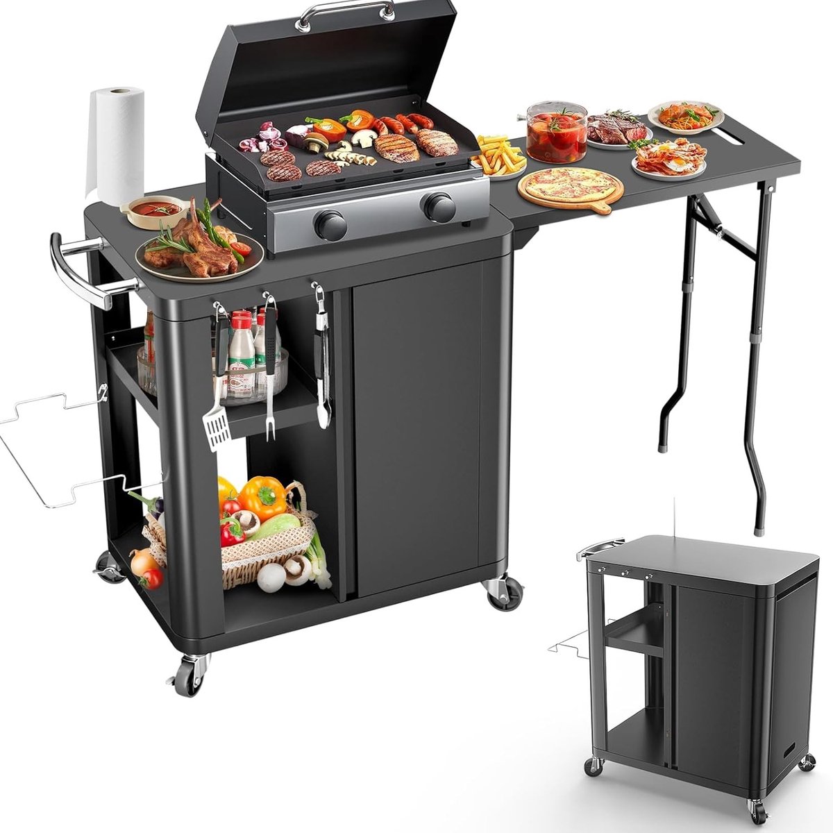 Grill Trolley met Opvouwbare Zijtafel, Buitenkeuken met Opslag en Wielen, 143 x 37 x 89 cm, Perfect voor Barbecues en Tuinfeesten