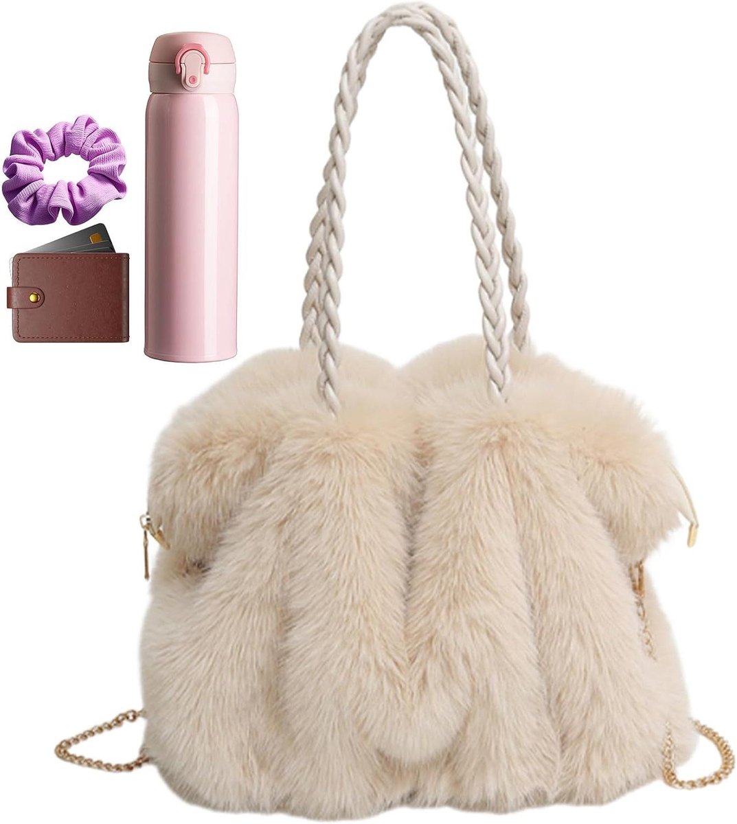 Pluizige dames tas - Schoudertas Handtas - Dagelijks Gebruik - Verstelbare Draagriem - 33 x 16 x 29 cm - Beige
