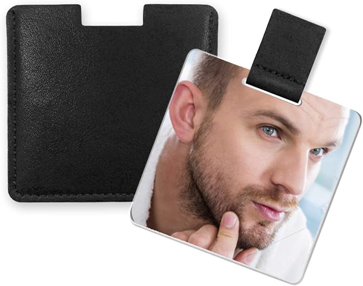 Ultradunne compacte spiegel, onbreekbaar roestvrij staal, met PU-lederen tas, gemakkelijk mee te nemen, lichtgewicht, geschikt voor make-up, kamperen, reizen (zwart)
