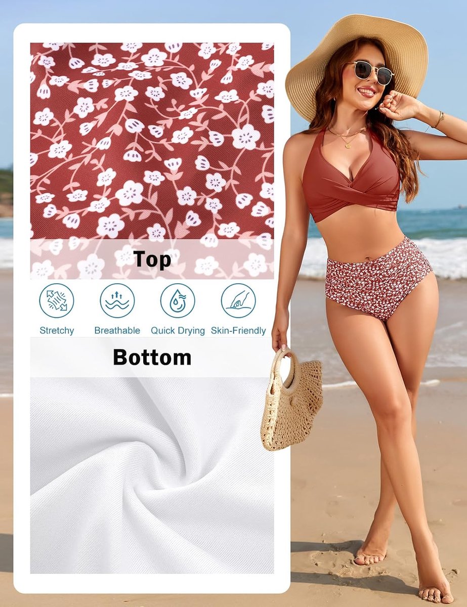 Bikini voor dames, hoge taille, badpak, 2-delig, plooien, buikcontrole, V-hals, sexy bandjes, halterdesign, mini-bloemen, bikiniset