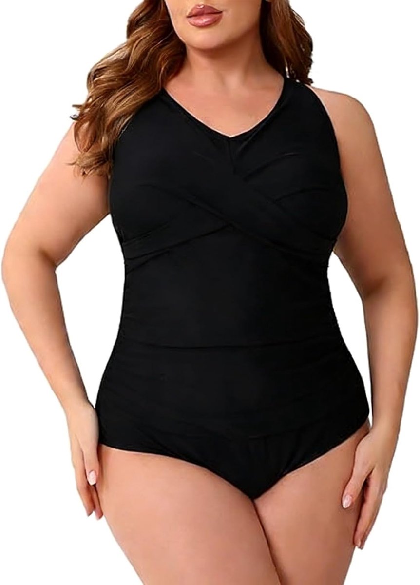 Badpak voor dames, buikweg, grote maten, shaping zwempak met V-hals en plooien, sexy push-up badmode voor mollige vrouwen, eendelig strandmode voor grote buste