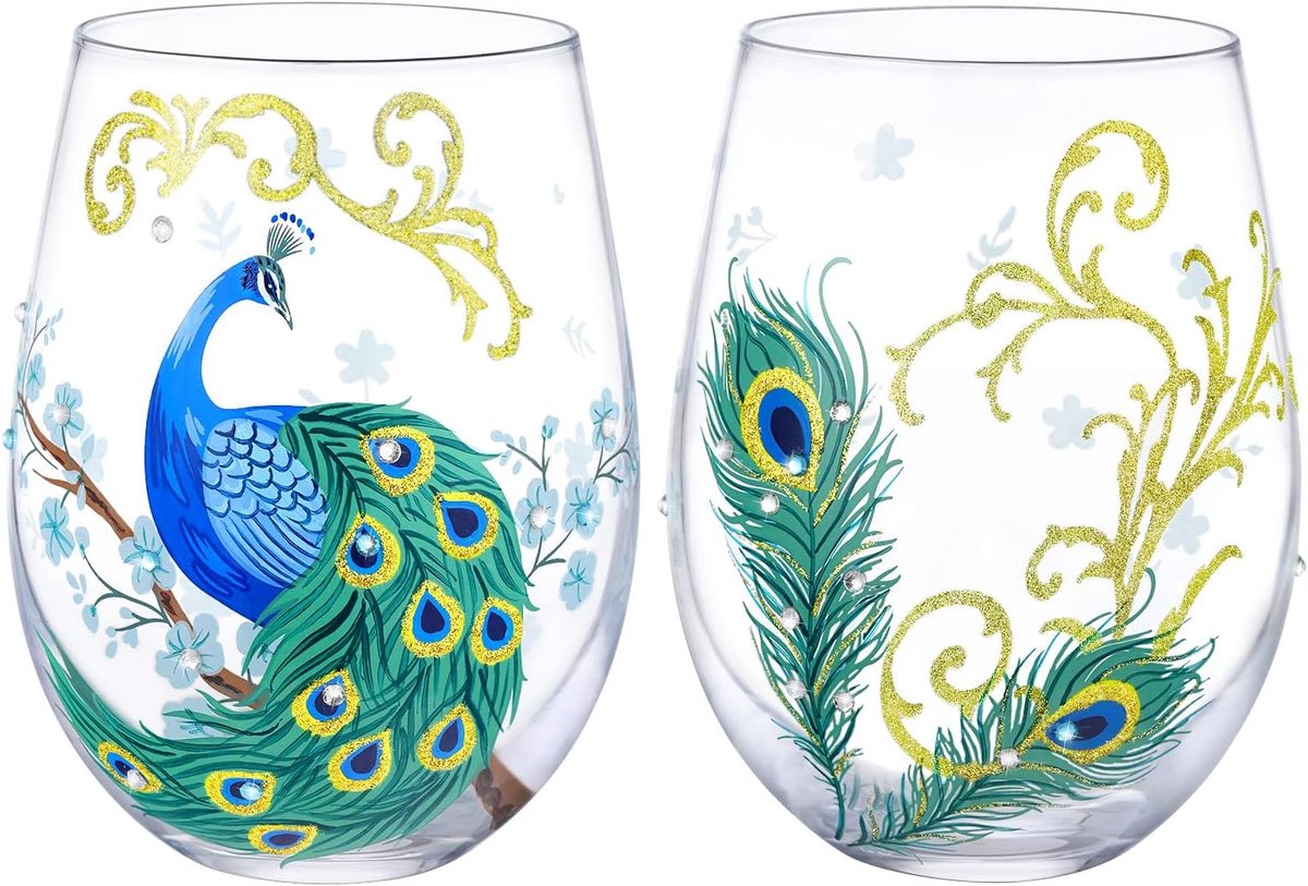 Wijnglazen Set van 2 Handgeschilderde Peacock Gepersonaliseerde Cadeau Voor Vrouwen Vriend Familie 18Oz