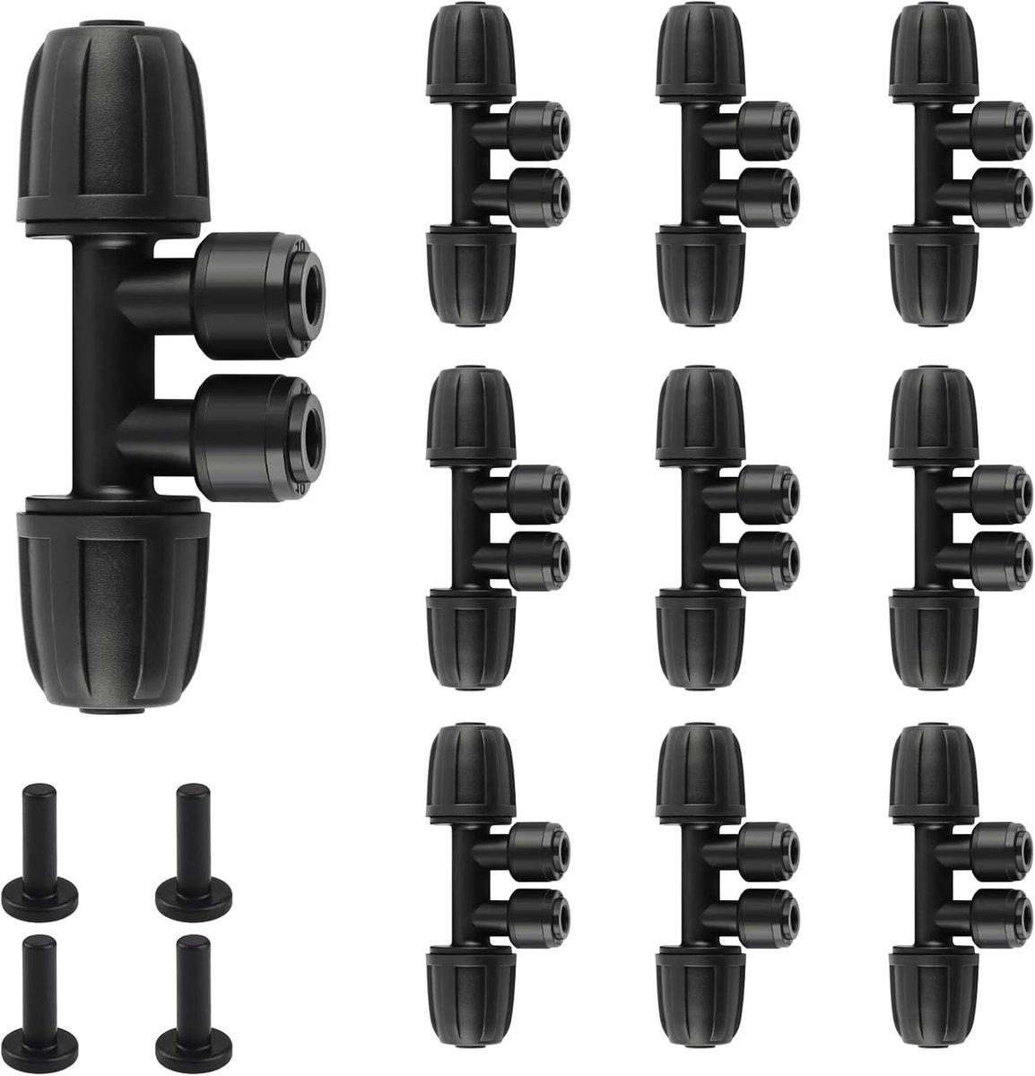 10 stuks barbecue-thee-aansluiting, barbecue-irrigatieconnector voor 5/16 inch tot 1/4 inch met 4 doppen, 4-weg verdeler met tanden voor buizen van 8 mm tot 4/7 mm
