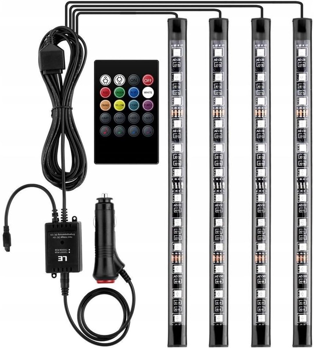 12V LED-auto-interieurverlichting met 4 stuks 48 RGB, 3 m meerkleurige auto-LED-strips, regelbare lichtstrip met afstandsbediening, waterdichte verlichting voor sigarettenaansteker,