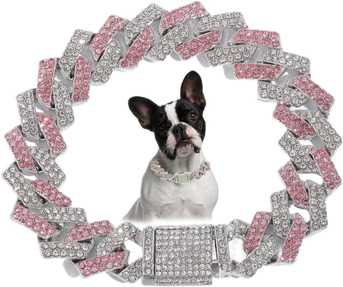 diamantmetaal, Cubaanse link hondenhalsband, 15 mm breed, bling sprankelend, puppyketting voor kleine, middelgrote en grote huisdieren, honden, katten, roze (20,3 cm)