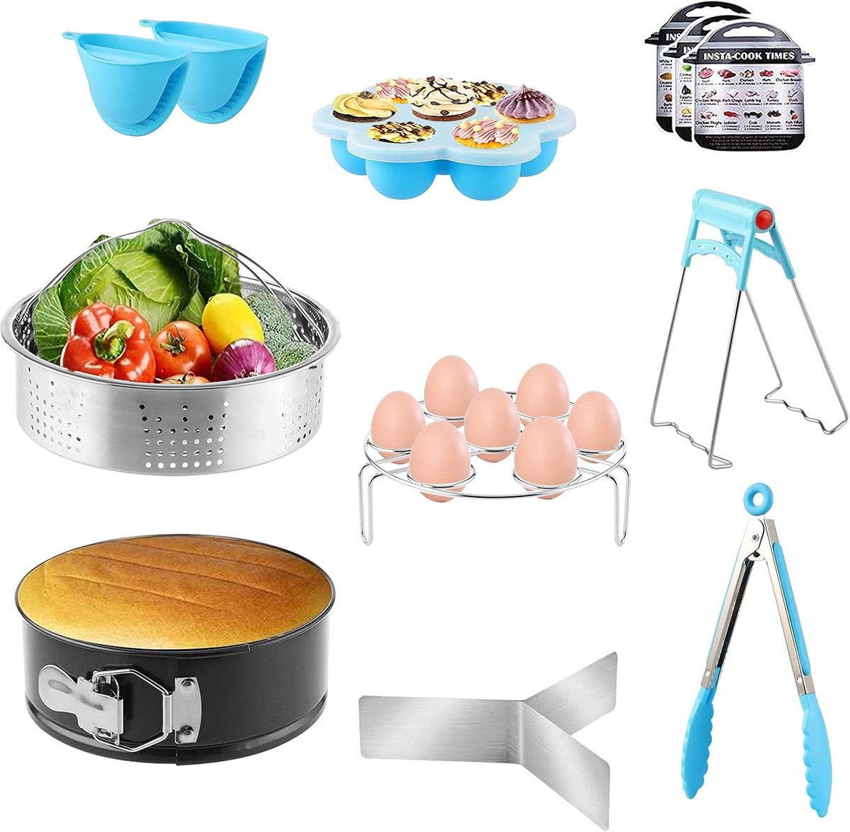 Fryer Instant Pot Accessoiresset, compatibel met 5,6,8QT/L Instant Pot Pressure King, met stoombootmand, cheesecakevorm, ei-stoombootrek, siliconen onderzetter, siliconen handschoenen, keukentang