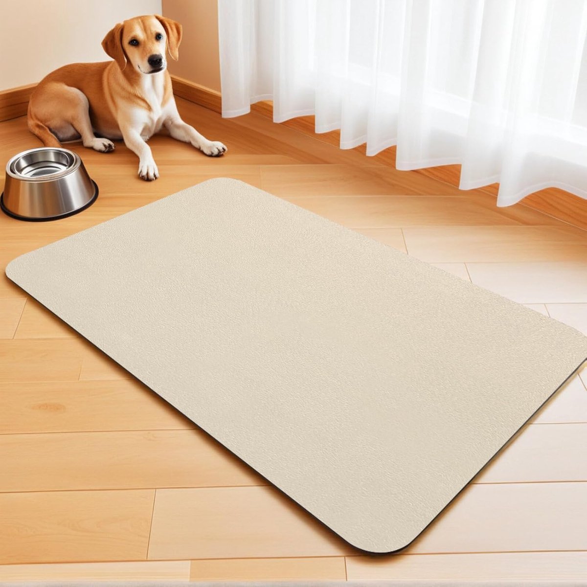 Mat Absorberende Hondenvoer Water Bak Mat Anti-Slip Katten Matten voor Voerbakken Huisdier Voeder Eet Matten voor Voedsel Water Bakken Waterdichte Voederplaatsmat (Beige, 40 x 60 cm)