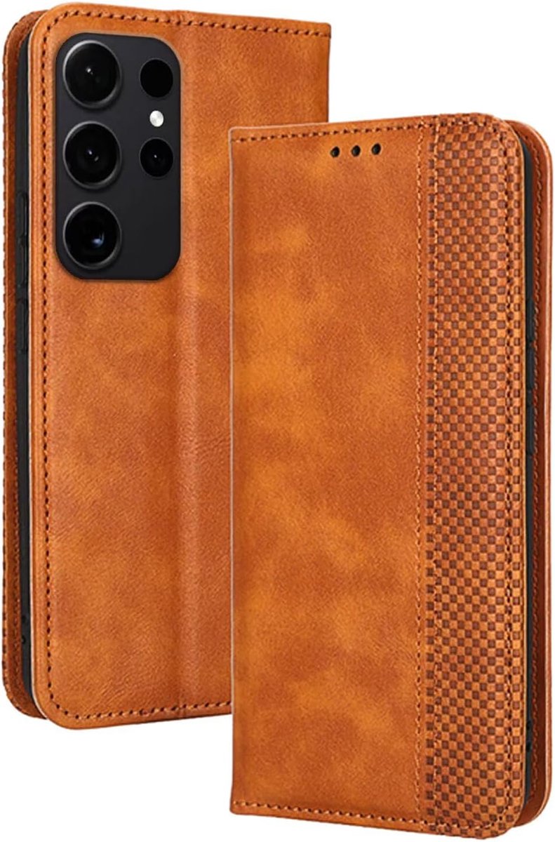 Hoesje ontworpen voor Samsung Galaxy S24 Ultra (6,8 inch inch), lederen telefoonhoesje stijlvol getextureerd kaartsleuf. Bruin