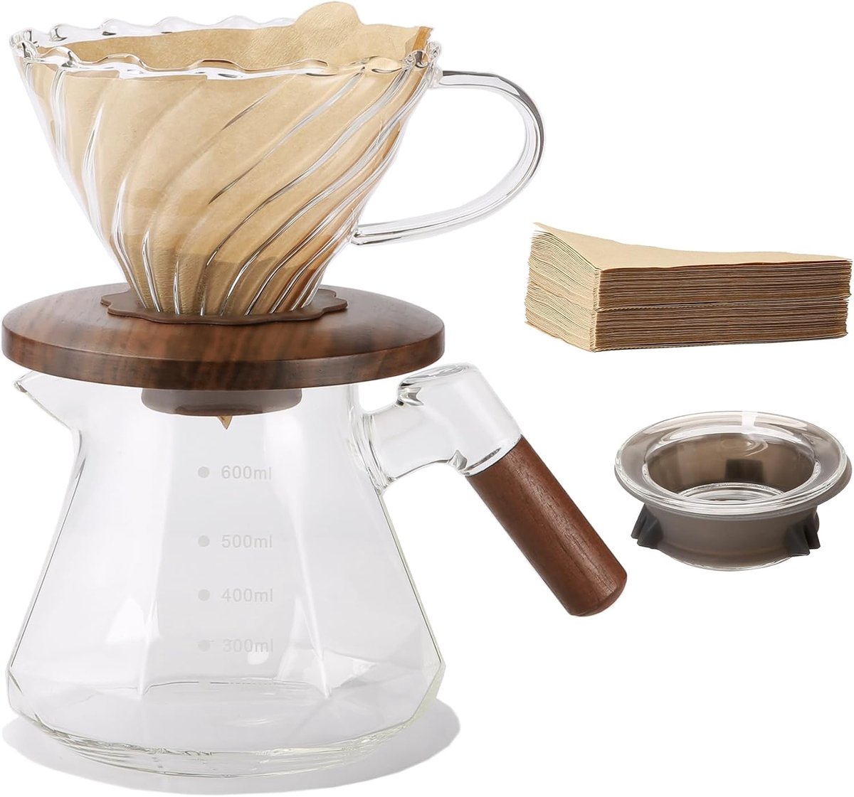 Pour Over Koffiezetapparaat, 20oz borosilicaatglas Set met 100 stuks V02 Papierfilter, Walnoot Kraag & Glazen Deksel, Druppelkoffiezetapparaat, 1-3 Kopjes, Helder (600 ml Set)