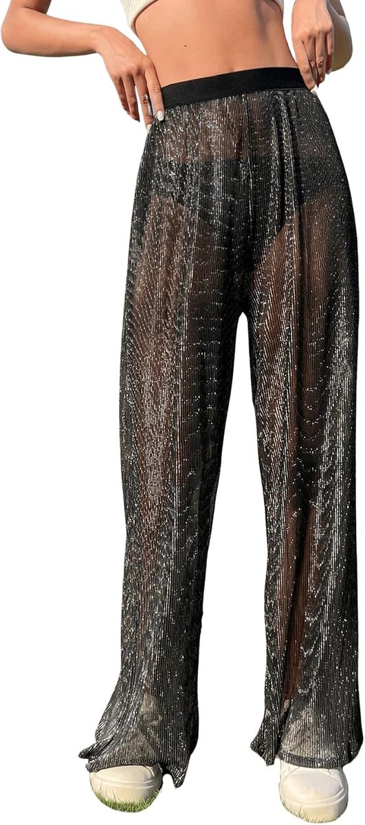 Doorzichtige broek voor dames, transparante slagbroek met glitter, festivaloutfit, broek, net, rave broek, casual broek