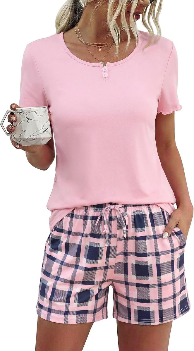 Pyjama dames korte pyjama katoen set zomer huispak korte mouwen tweedelig met geruite slaapbroek zakken en ronde hals nachtkleding met decoratieve knopen