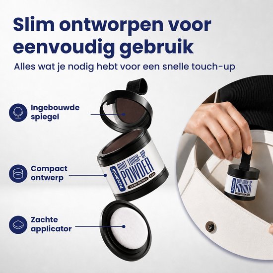Vrouw plaatst donkerbruin haarvezelpoeder in compact potje met spiegel en spons, in een handtas.