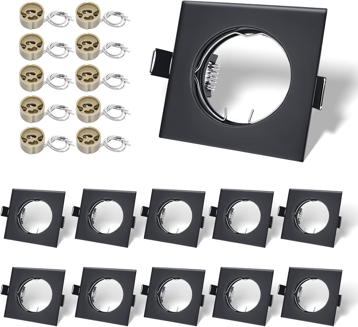 10-Pack Vierkante Inbouwkaders Mat Zwart met VDE GU10 Lamphouder – 80x80 mm, Uitsparing 55-70 mm, Incl. Veerklitten – Lamp Niet Inbegrepen