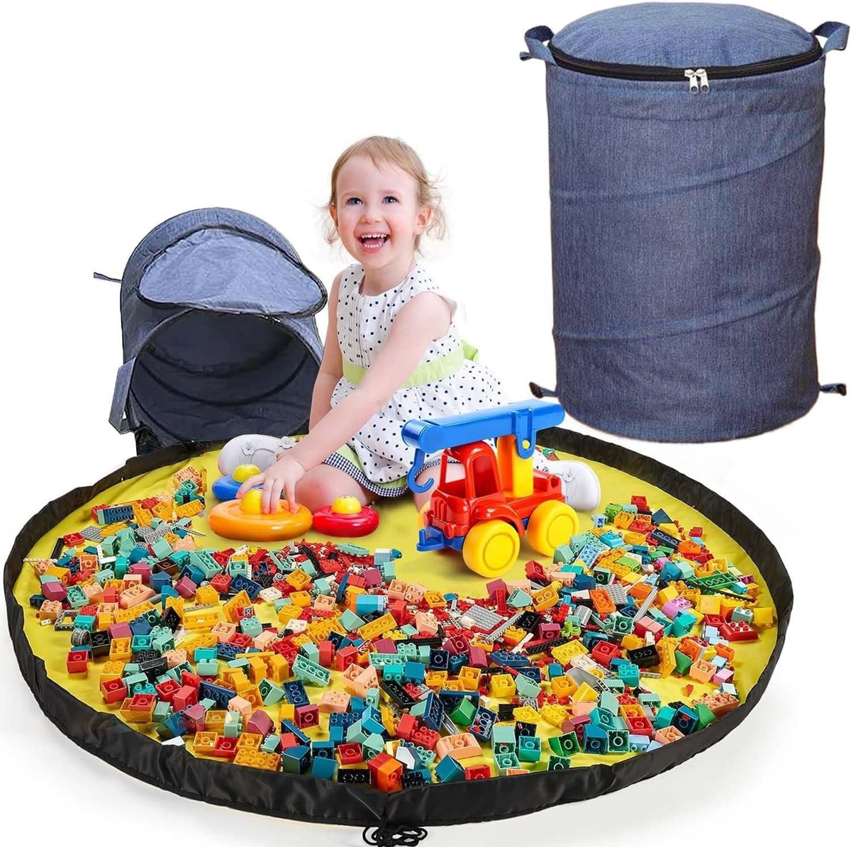 Speelgoedopbergzak met Speelmat en Deksel, Opbergdoos voor Bouwblokken, Opbergmand voor Kinderkamer en Speelgoedorganisatie