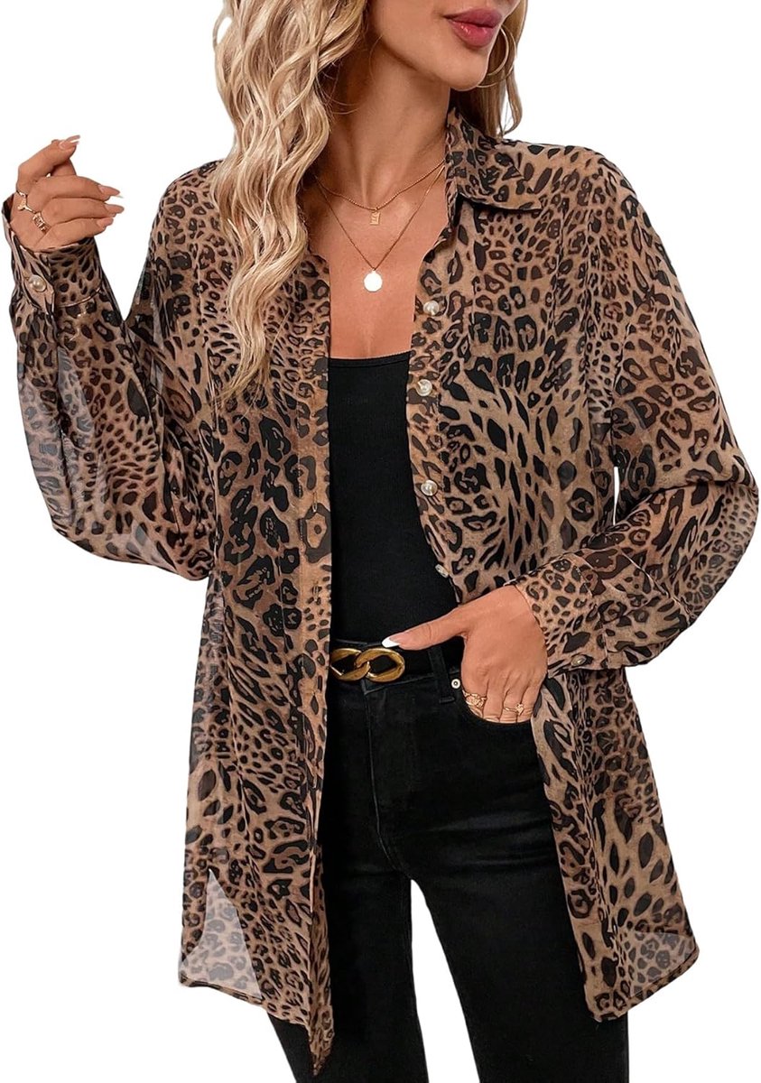 Damesblouse, luipaardpatroon, blouseshirt met lange mouwen, chiffon, blouse met knopen aan de voorkant, oversized hemdblouses, losse hemdblouses