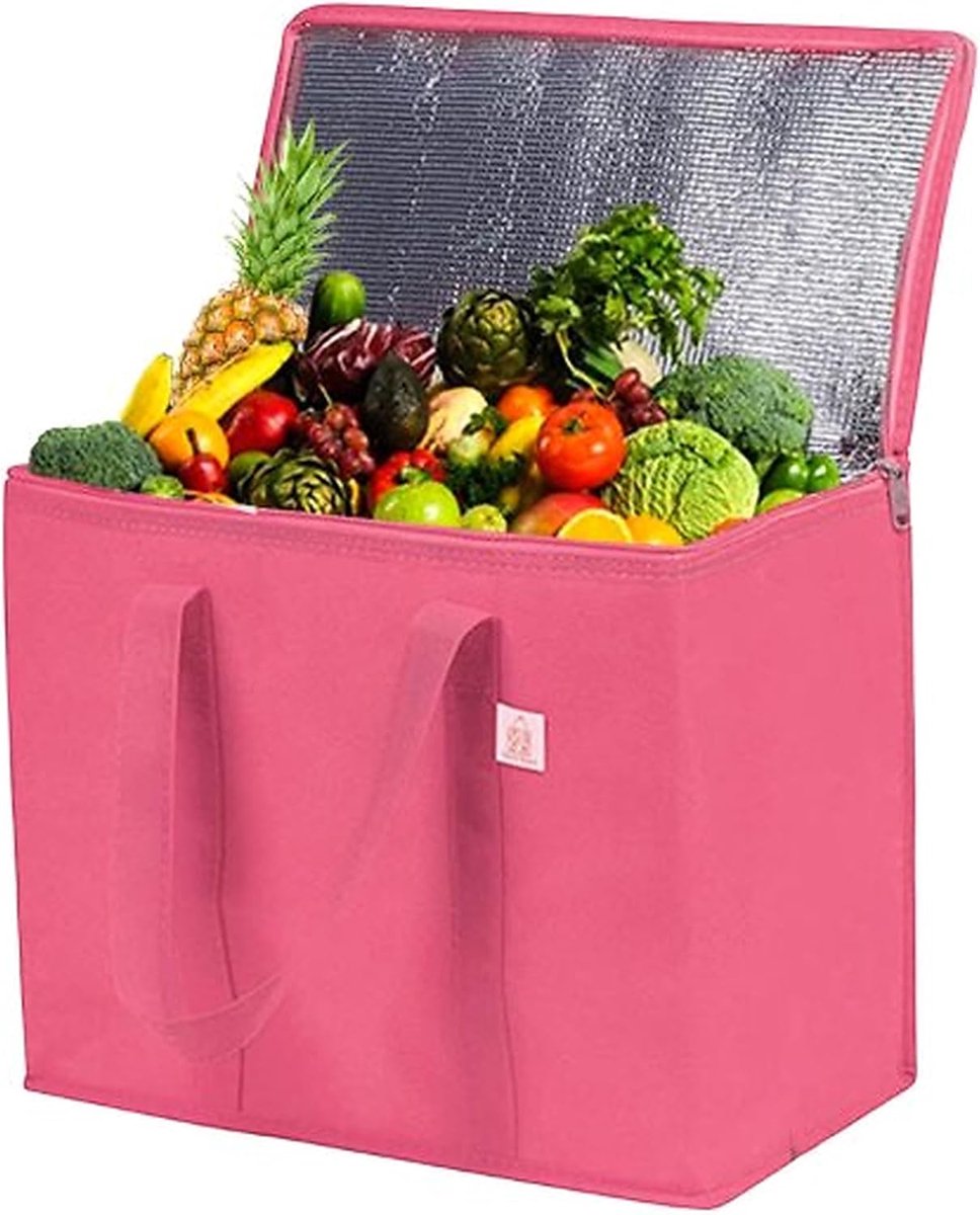 SnelShoppen - Isolerende Herbruikbare Boodschaptas, Ritstas voor Warme en Koude Voeding, Picknick Wijn Koeltas, Blijft Rechtop, 30x18x30cm 16l Roze, G