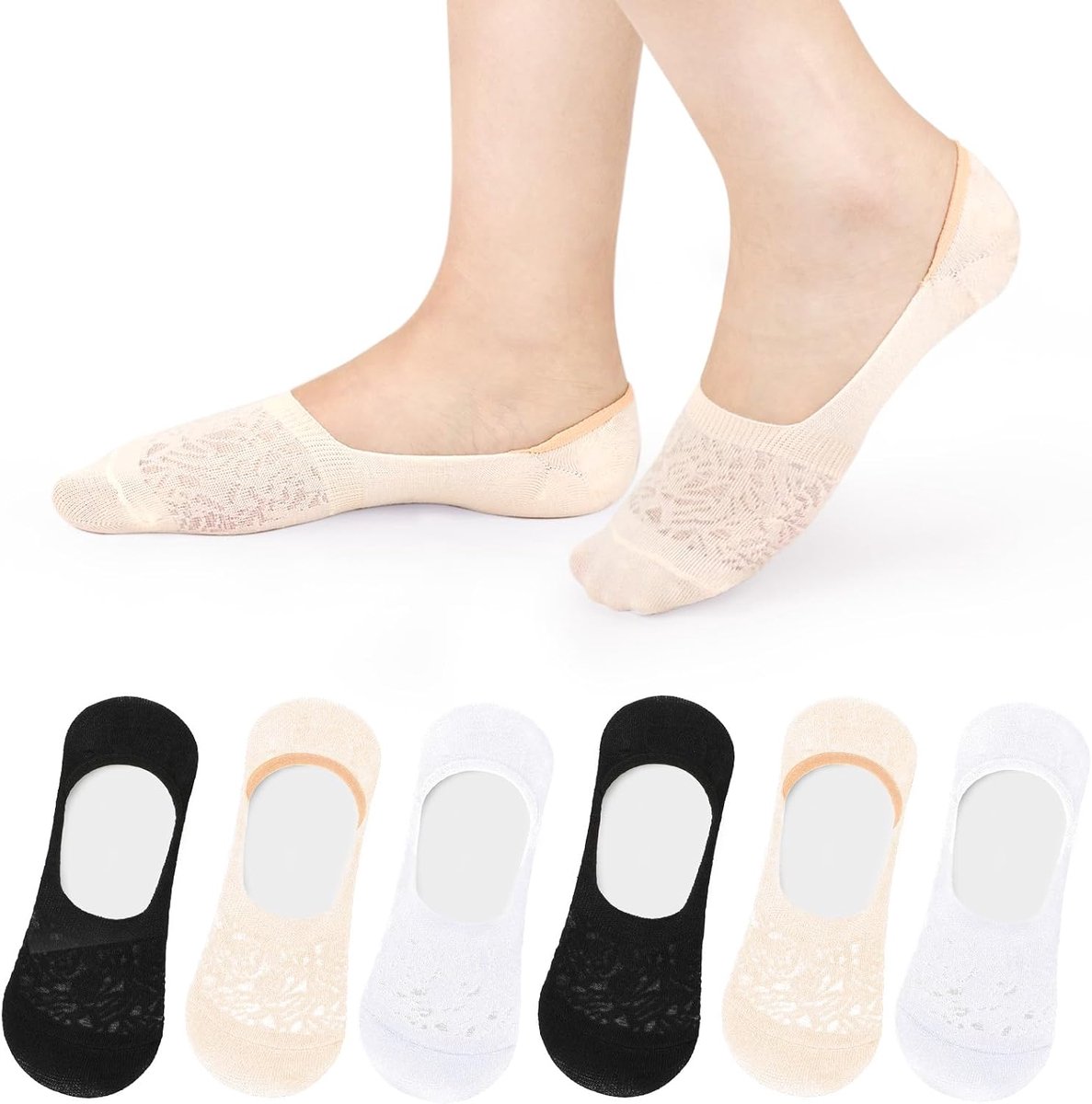 Sokken voor dames, katoen, antislip, ademend, no-show, sneakersokken (zwart, grijs, nude)