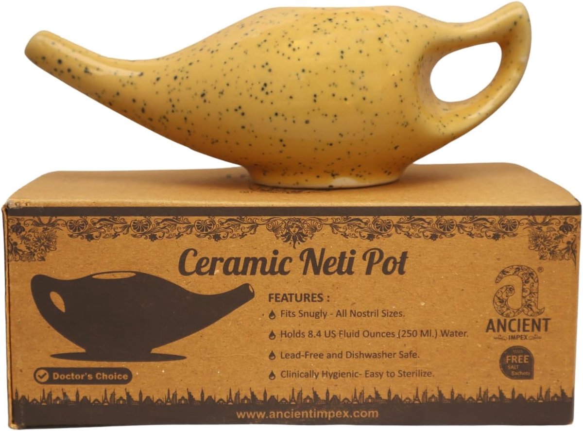 SnelShoppen - Keramische Neti Pot voor Neusreiniging met Vlekkenpatroon | Neti Pot met 10 Zakjes Neti Zout + Instructieblad | Natuurlijke Behandeling