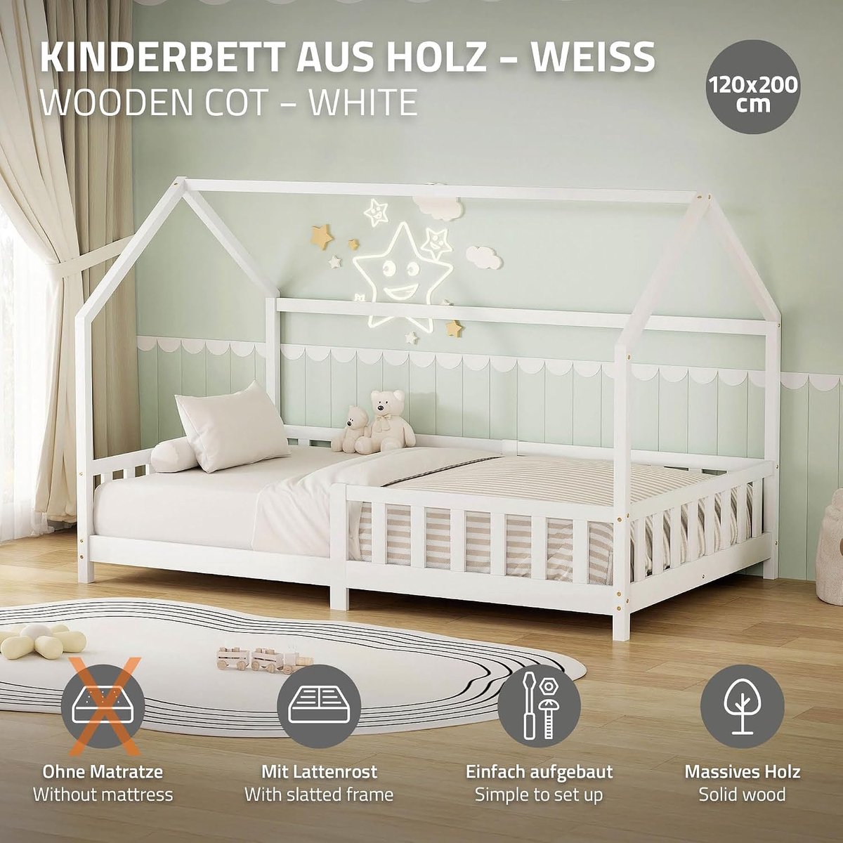 SnelShoppen - Kinderen Bed 120x200 cm met Valbeveiliging Montessori Huis Bed voor Jongens en Meisjes, Lamelbodem, Decoratieve Kap, Massief Vuren Wit,