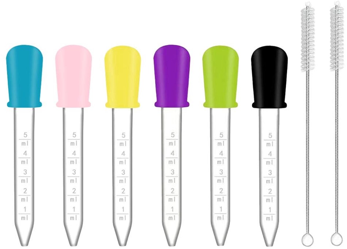 6 stuks van 5 ml, siliconen kunststof pipetten en 2 stuk rietborstels, vloeistofdruppelaar, transparante pipet met reinigingsborstel, voor knutselwerk, kunst en planten.
