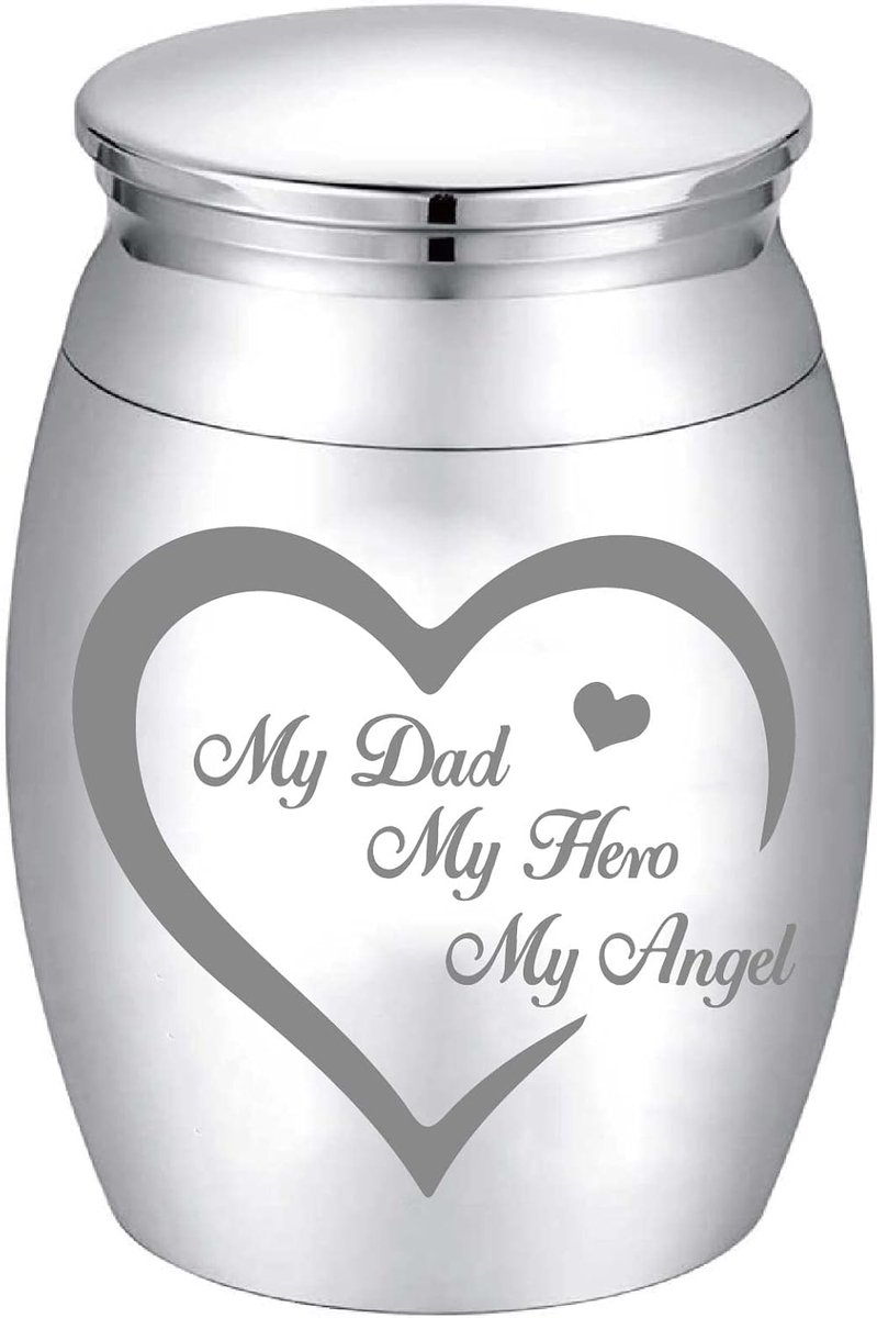Kleine nagedachtenis-urnen, gedenk as mini crematie urnen, miniatuur begrafenis urnen, zilverkleurige container pot voor het delen van as 3 x 4 cm - „My Dad My Hero My Angel“