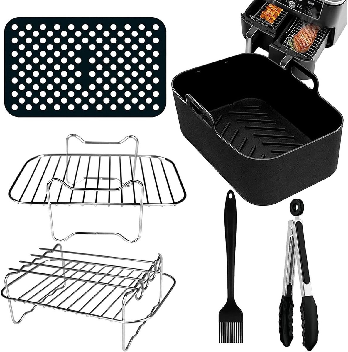 Airfryer Accessoires Set - Airfryer Mandhoes - Efficiënter Koken - Geurloos Materiaal - 11.9D x 15W x 11.9H cm - Zwart