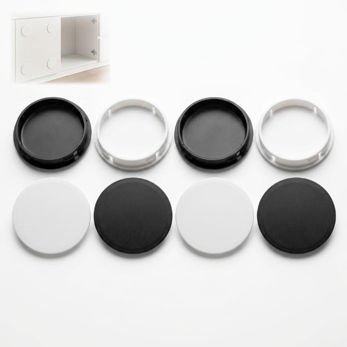 Afsluitdoppen voor boorgaten 70 mm, 8 stuks blinde stoppen, kunststof (zwart en wit), sluitstop, gatstop, rond, buisafdekkingsstop voor kasten, machines en meubels