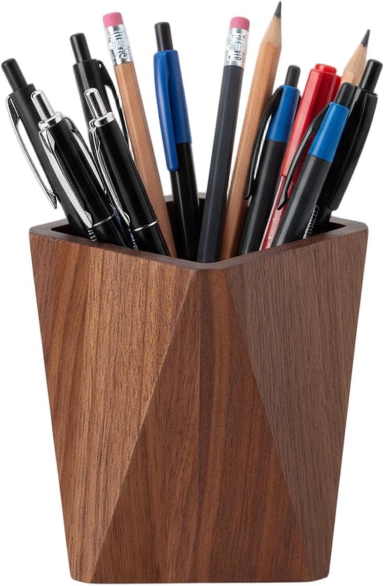 SnelShoppen - Houten Penhouder voor Bureau, Vierkante Pot voor Potloden, Zwart Walnoot Hout, Handgemaakt Bureau Organizer, Kantoor Decor en Make-up Pe