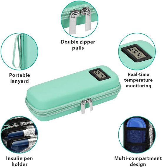 Koeltas met 2 TSA-koelaccu's, diabetici-tas met temperatuurweergave, insuline-pen tas, kleine isolatietas, koelbox, mini-etui, tas voor pen, spuiten, epipen, spuiten — afbeelding 4