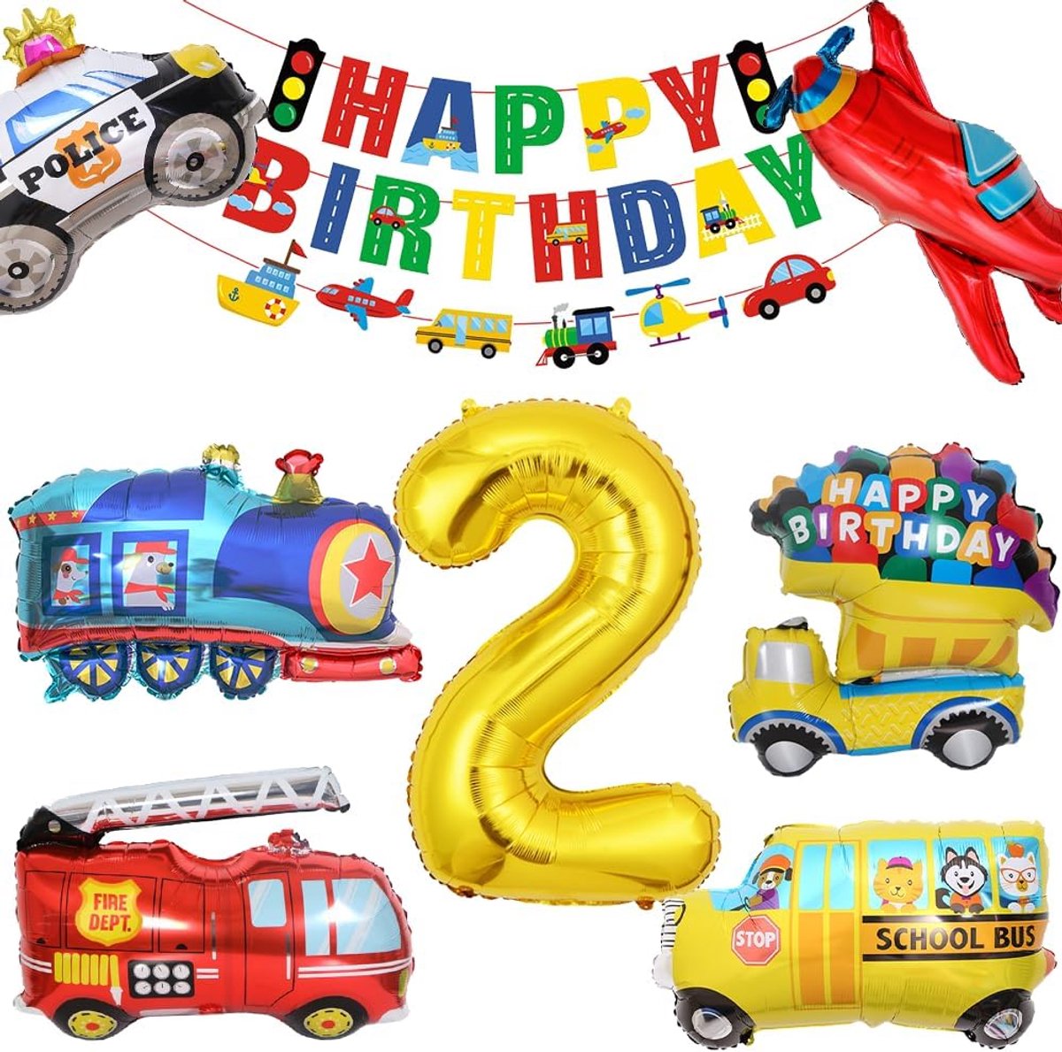 verjaardagsset met 2 cijferfolieballonnen, inclusief ballonnen met brandweerwagens, politiewagen, motorfiets en een Happy Birthday slinger voor feestdecoratie