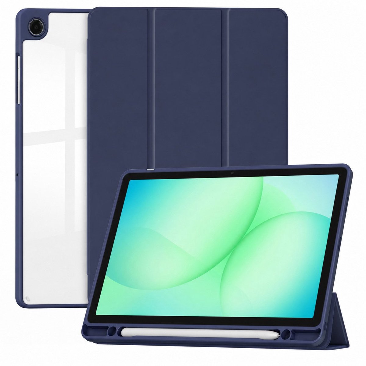 Solidenz Hoes geschikt voor Samsung Galaxy Tab A11 Plus / Tab A9 Plus - Tri-Fold Book Case met Auto-Wake & Pen Houder - Donkerblauw