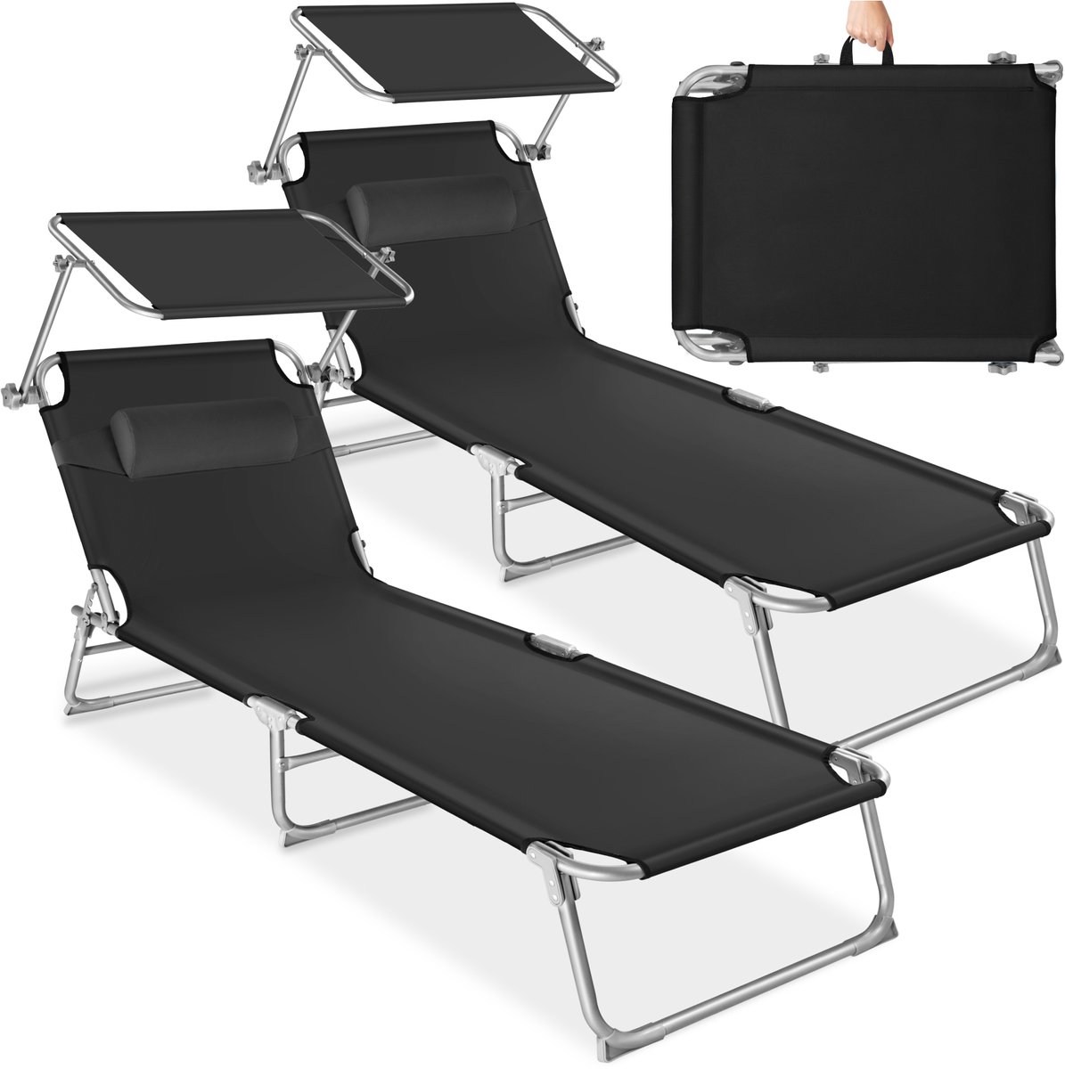 Bol.com tectake® Ligbedden met Zonnescherm - Set van 2 Zonnebedden - 190 x 68 x 111 cm - 4 standen - Inklapbaar - Met Handgreep ... aanbieding