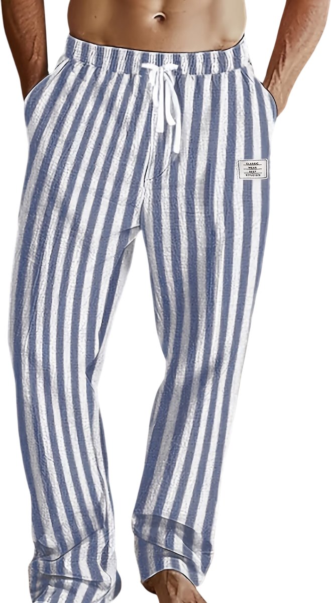 Currero Gestreepte Broek Heren and Striped Pants Yacht Club Linnen Broek Zomerbroek Volwassenen Lange Broek Strandbroek Blauw