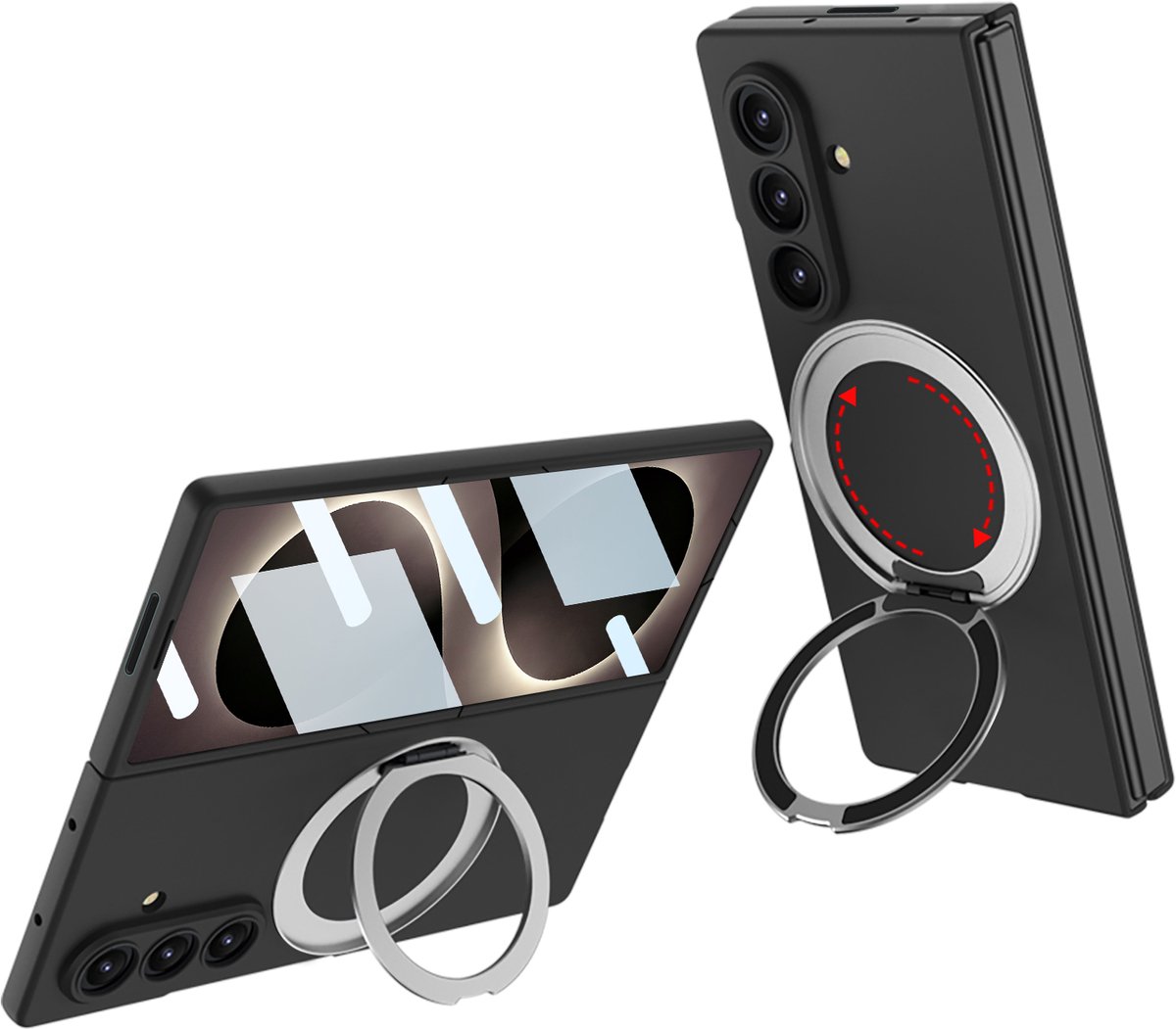 Casemania Hoesje Geschikt voor Samsung Galaxy Z Fold 8 Ultra - Zwart - Ringhouder Hardcase Geschikt voor MagSafe - Matte Back Cover met Ingebouwde Screenprotector en 360 Graden Draaibare Ring Standaard en Camera Bescherming