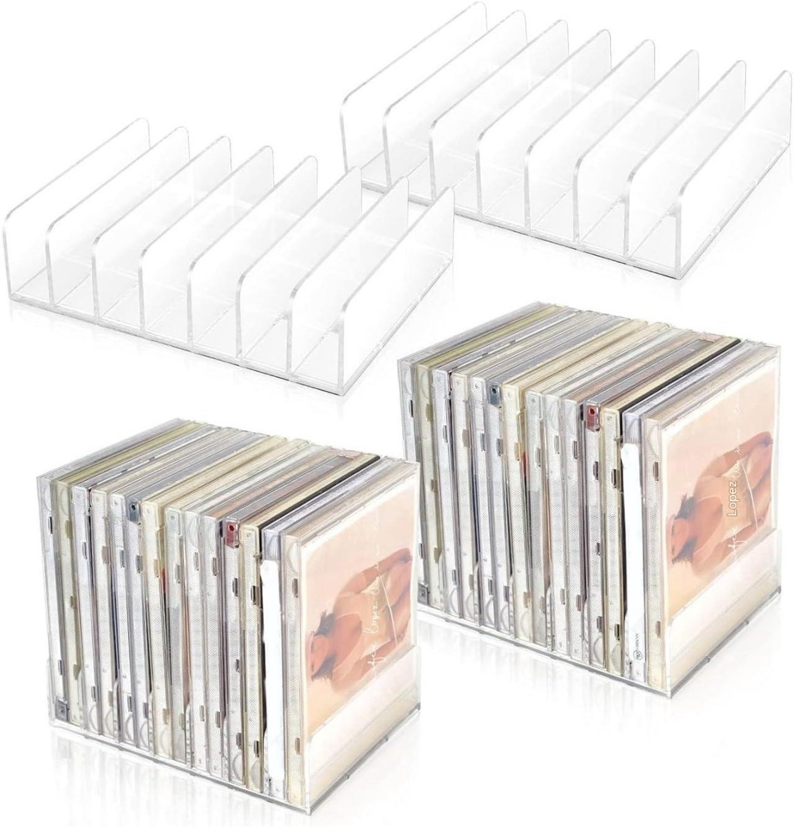 SSTRWGOOD 4 Stuks CD- en DVD-Stander - Transparante CD-Houder met 7 Compartimenten - Max. 14 CD-Dozen of Cosmeticagebruik - Geschikt voor Keuken, Badkamer en Kantoorgebruik - Kunststof Organizer 17x12,5x4cm - Elk Vakje 2cm Breed