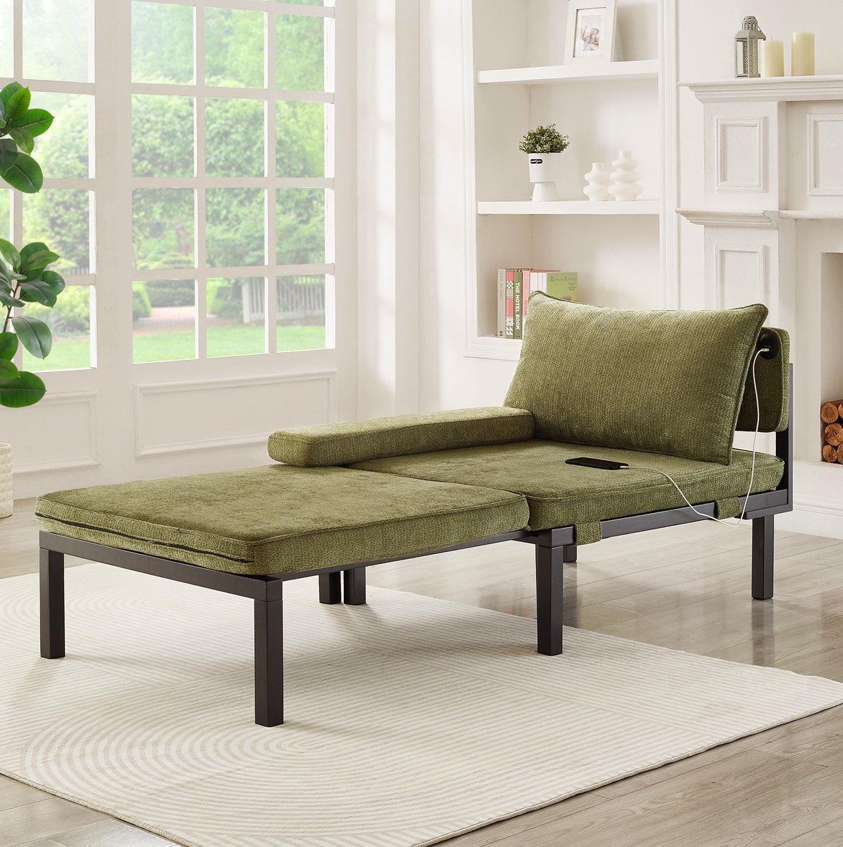 REDOM - Fauteuil - 2-in-1 slaapfunctie - Uitschuifbaar en opvouwbaar - USB- en Type-C-poort - Velvet - Woonkamer of logeerkamer - Hout - Groen - 176 x 82 x 79 cm
