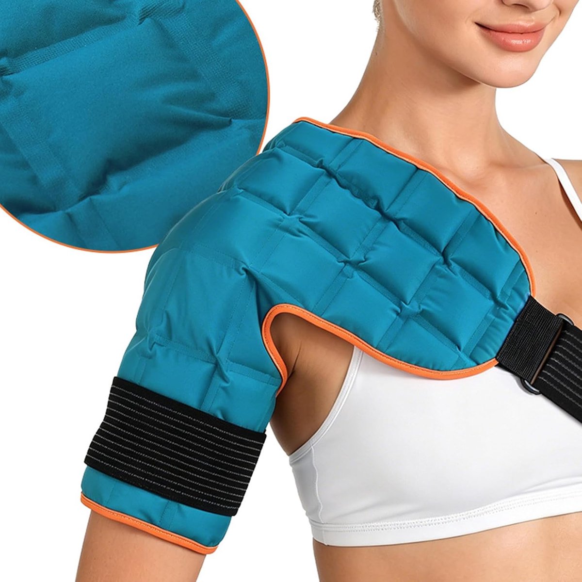 Verzachtende, verkoelende en verwarmende wrap voor schouder- en knieklachten met tweewegfunctie, geschikt als koud kompres voor revalidatie.
