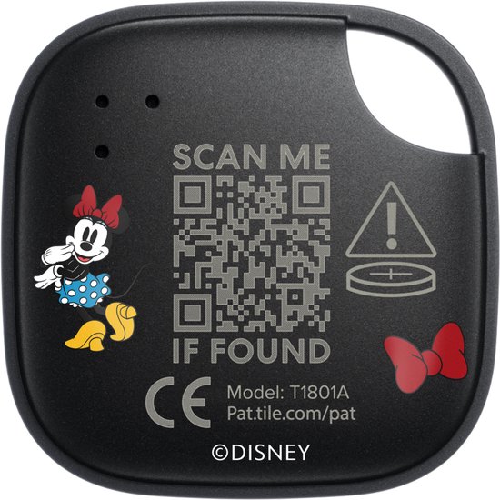 Zwarte Tile tracker met QR-code, Minnie Mouse en "Scan Me".