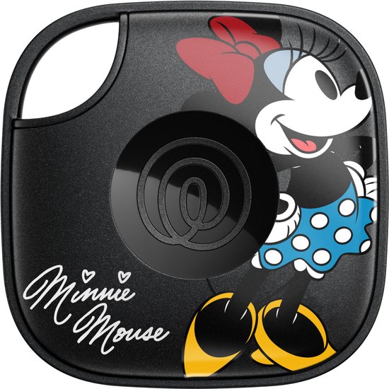 Zwarte Tile tracker met 'Scan Me' en Minnie Mouse.