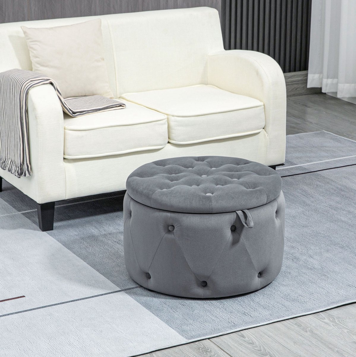 COVREO Poef 60x60x40 cm grijs, ronde polyester poef met opbergruimte