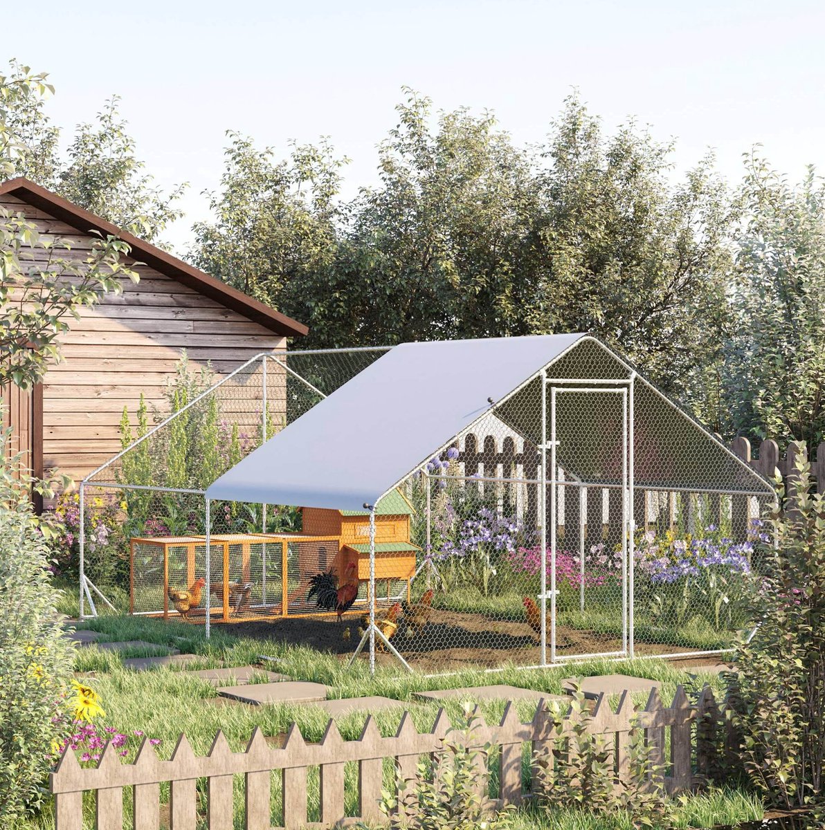 REDOM - Kippenhok met ren - Zinken frame - Afsluitbare deur - Schaduwdak - Buitenverblijf - Voor 8-12 kippen - Metaal - Zilver - 400 x 300 x 200 cm