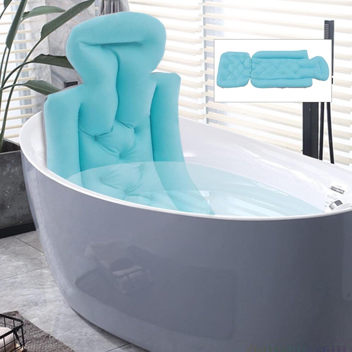 Badkussen en Mat - Lichaamskussen Bad - Ontspannen in Bad - 10 Zuignappen - 113cm x 40cm - Blauw