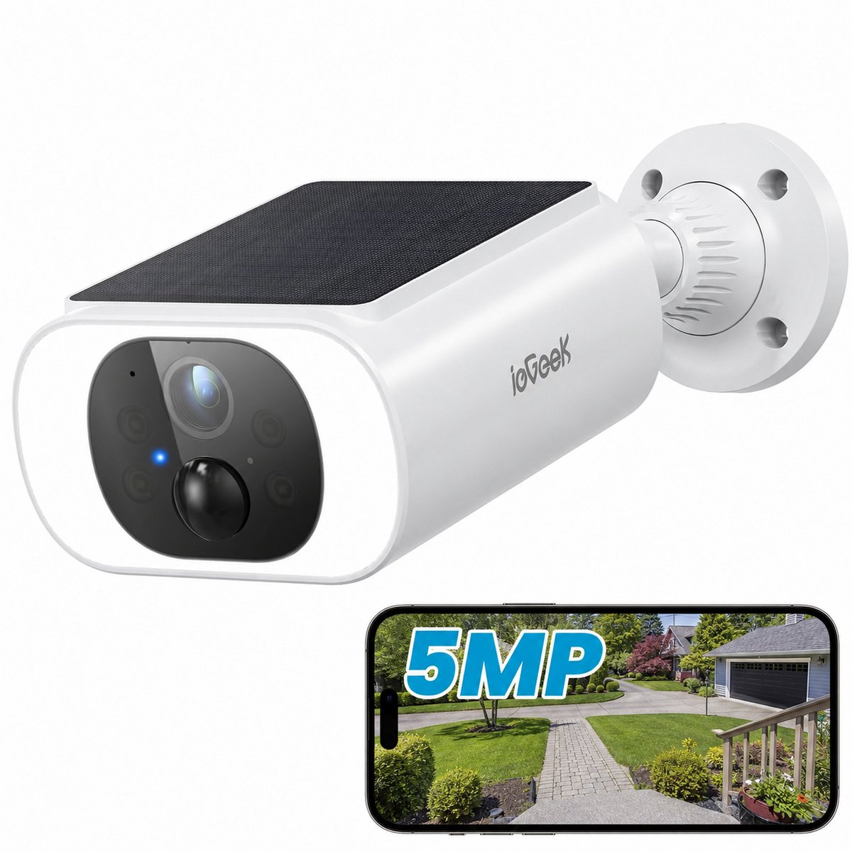 ieGeek 5MP HD Buiten Bewakingscamera - Batterij Wi-Fi - HD Draadloze Bewakingscamera met Zonnepaneel - PIR Bewegingsdetectie en Alarm - Kleuren Nachtzicht - Ondersteund door Alexa - 2-Weg Audio