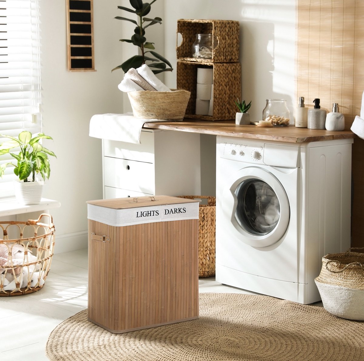 COVREO Waskorf 100L met deksel, naturel, bamboe en canvas, 52x32x63 cm