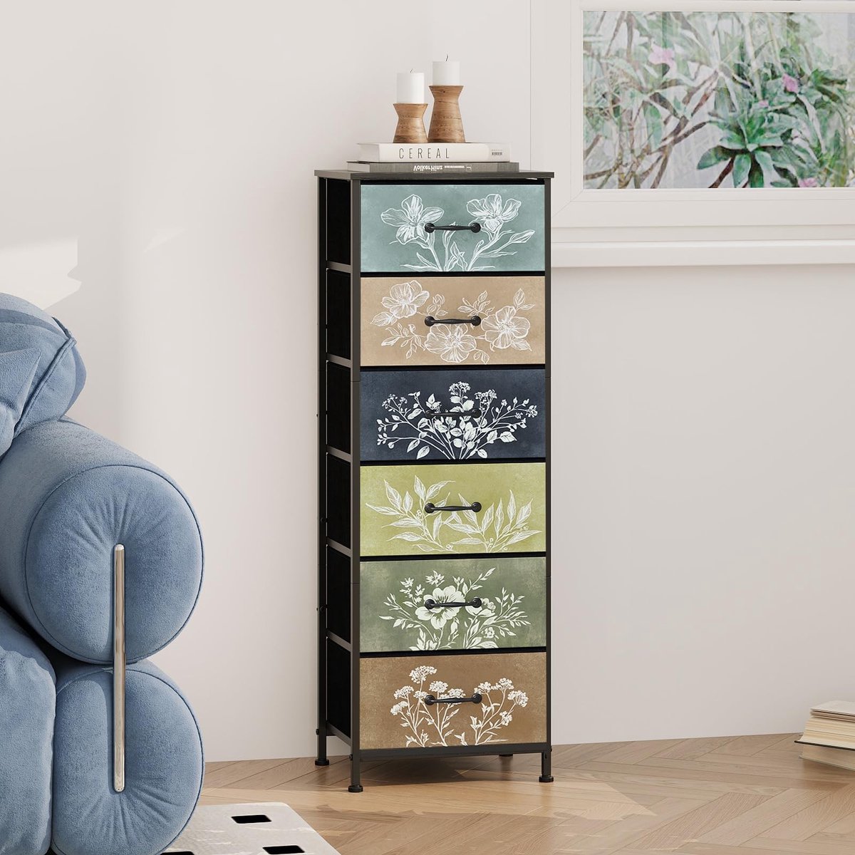 Omgoods - Vintage Kast met 6 Stofladen en Plantenpatroon