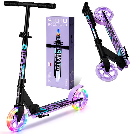 Suotu Kinderstep - 145mm Lichtgevende Wielen - Step - Speelgoed Jongens/Meisjes - Max stuurhoogte: 85 cm - Aluminium - Zwart/Paars